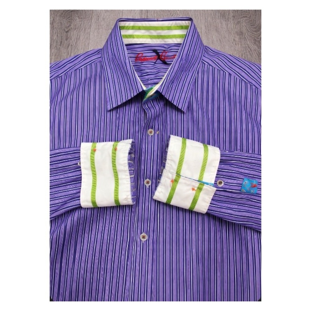 Robert Graham Men's L Shirt Tailored Fit Purple Striped Long Sleeve Flip Cuff